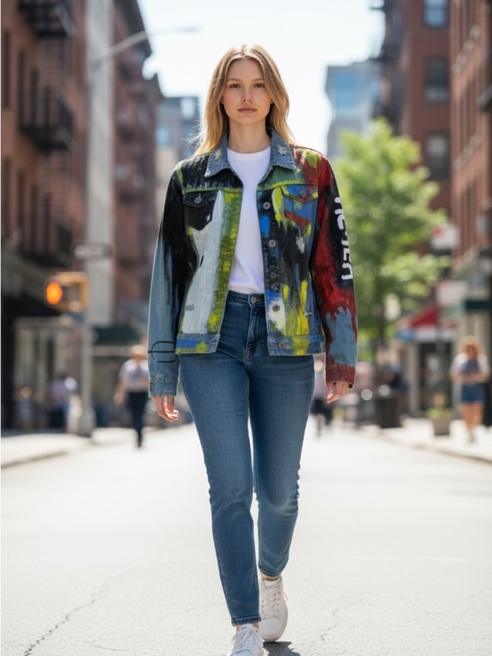 Bohemian Hand-Painted Denim Jacket Women’s Small with Bold Multicolor Paint - Picture 1 of 9